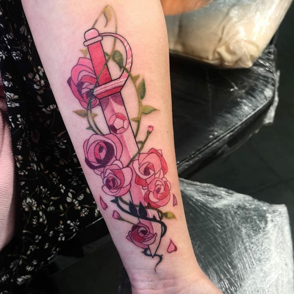Elegant Sword And Rose Tattoo