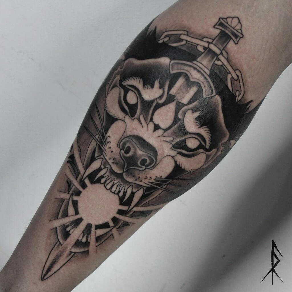 Fierce Wolf Tattoo With Sword