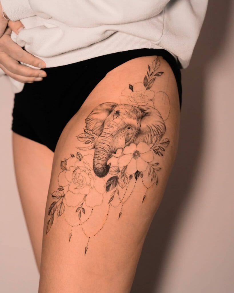 Floral Tattoo Of An Elephant