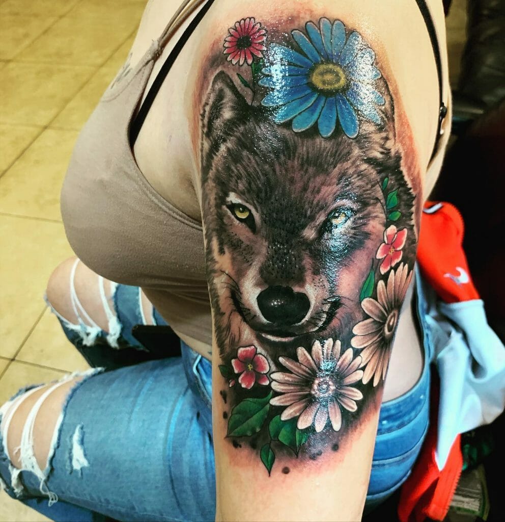 Floral Wolf Head Tattoo Design Idea