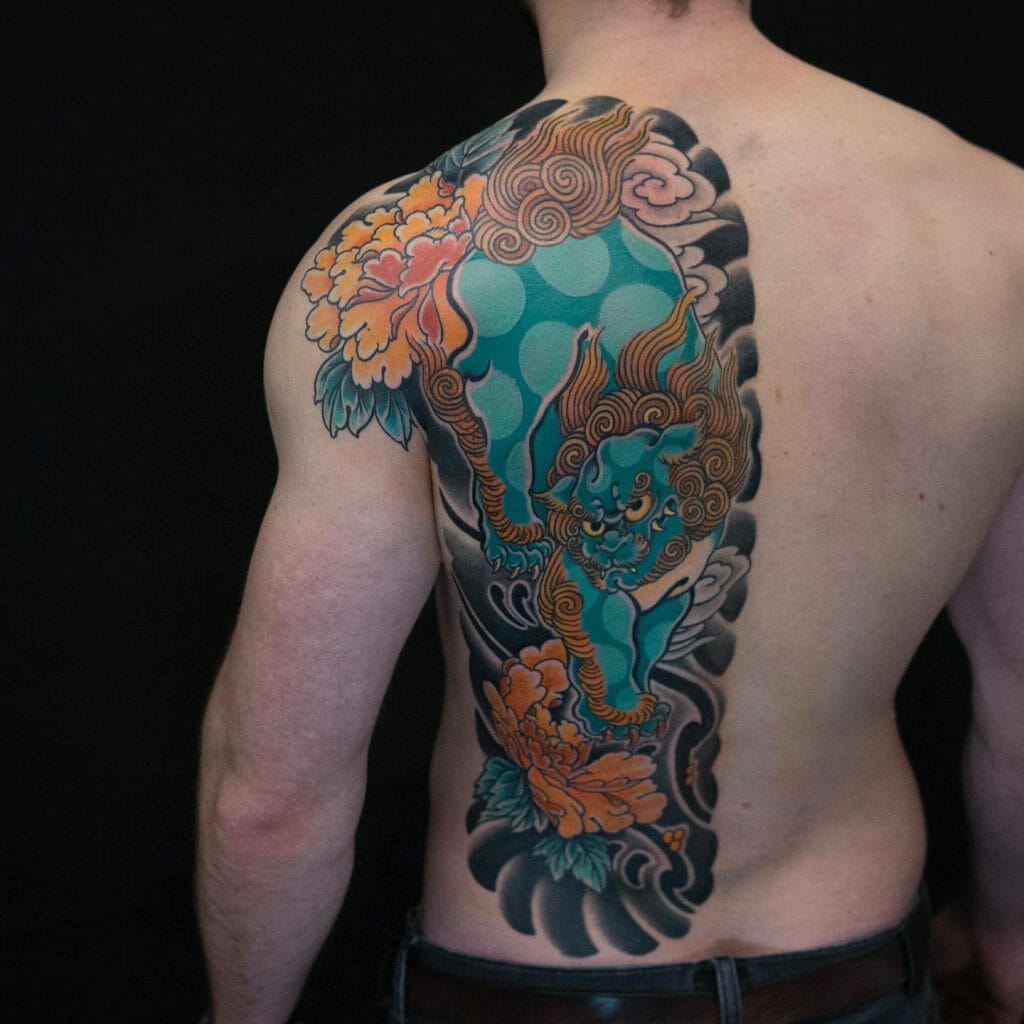 Foo Dog Tattoos With Asian Floral Symbols