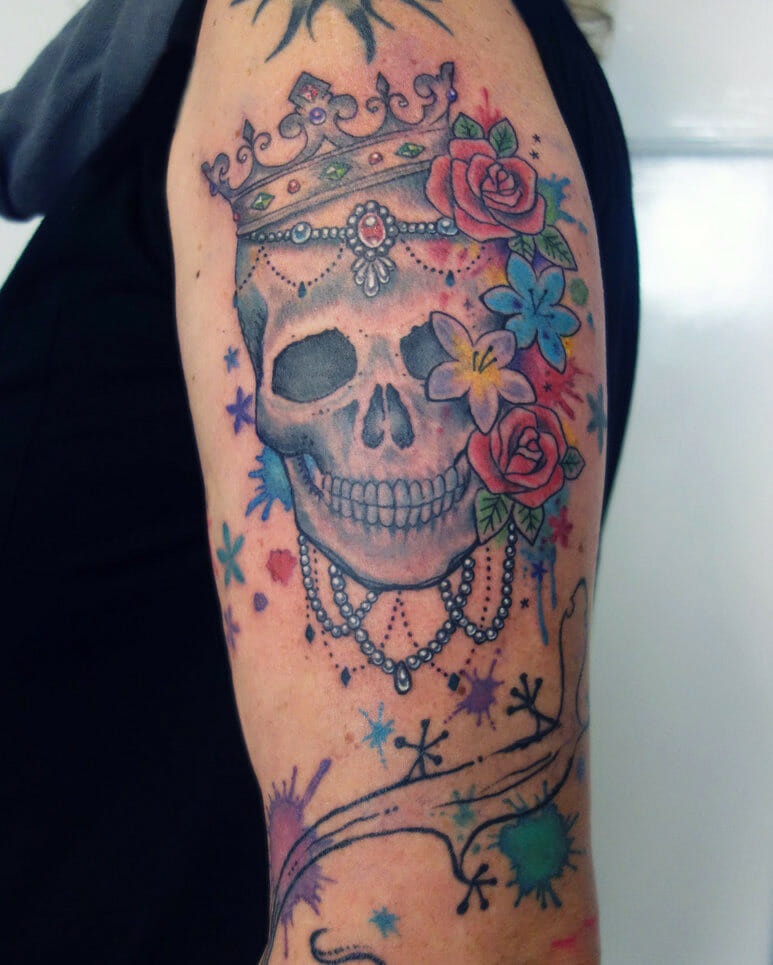 Half Sleeve Skull Flower Tattoos