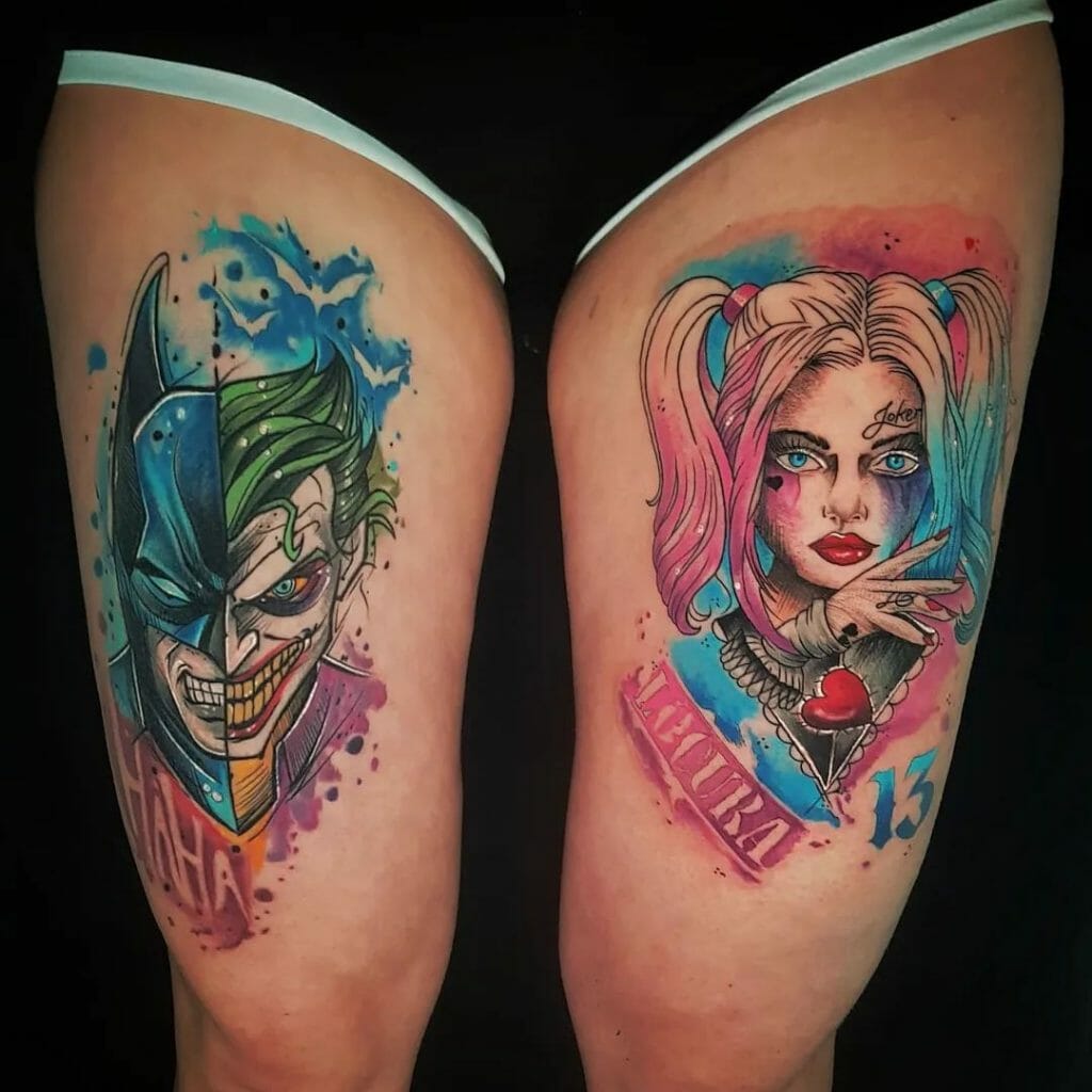 Harley Quinn With Joker and Batman Tattoo