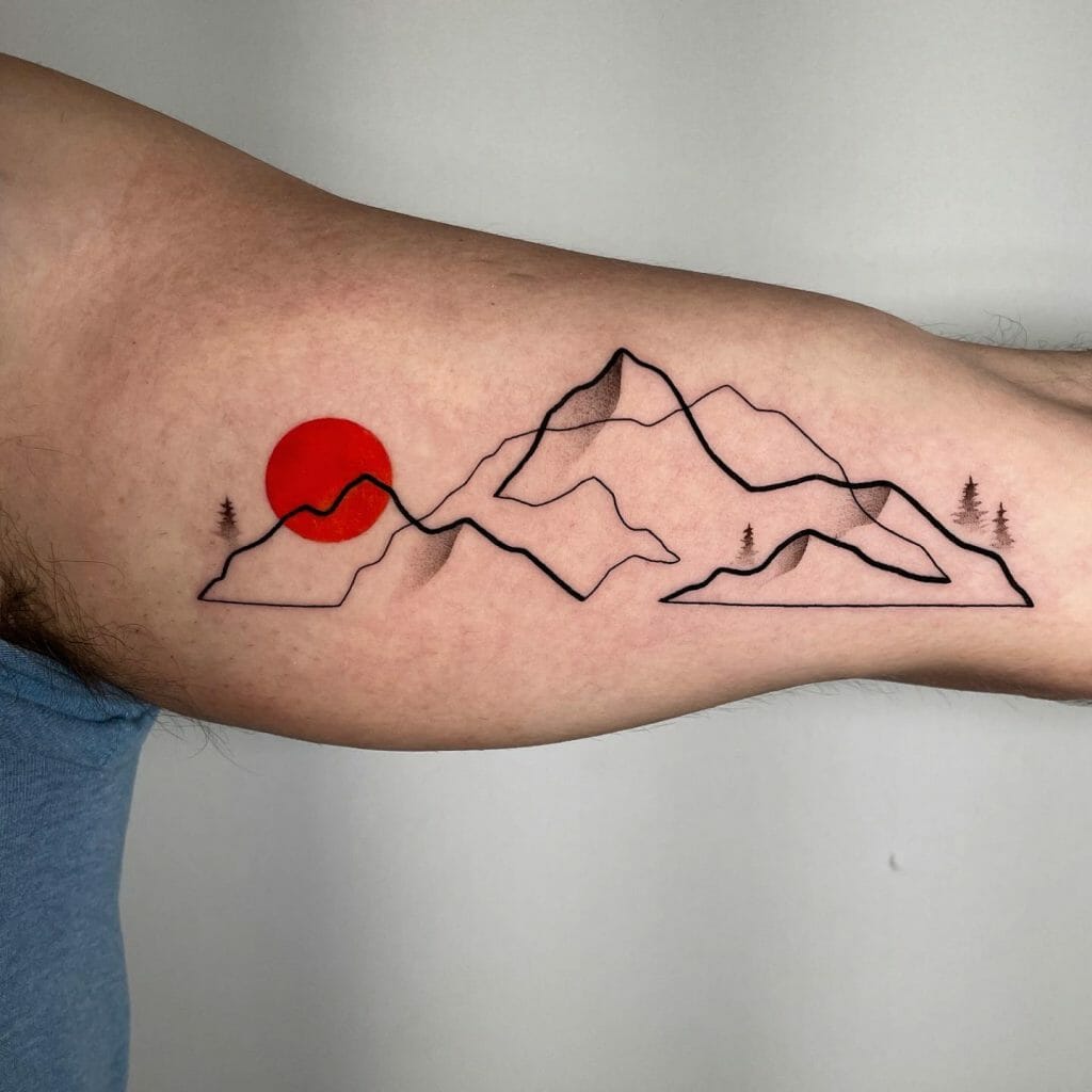 Line-Art Sunset Mountain Tattoo