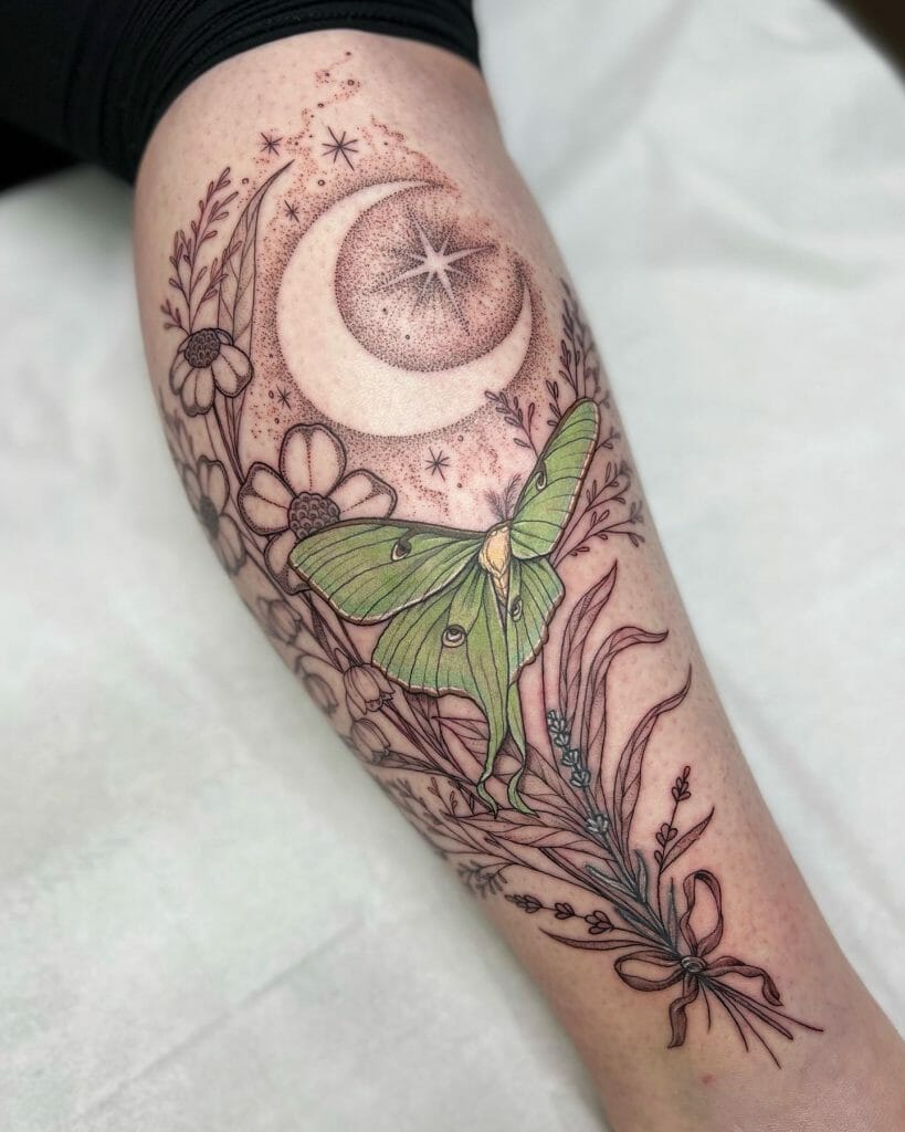 Mesmerizing Crescent Moon Luna Moth Tattoo