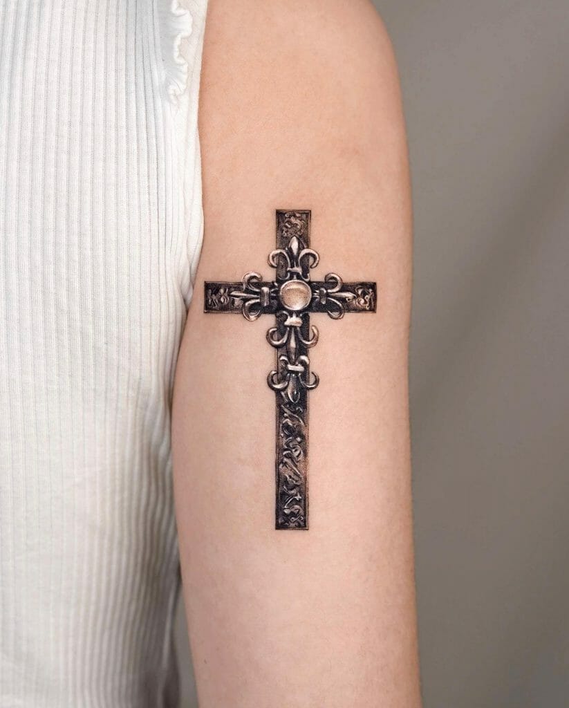 Metallic Finish Ornamental Cross Tattoo