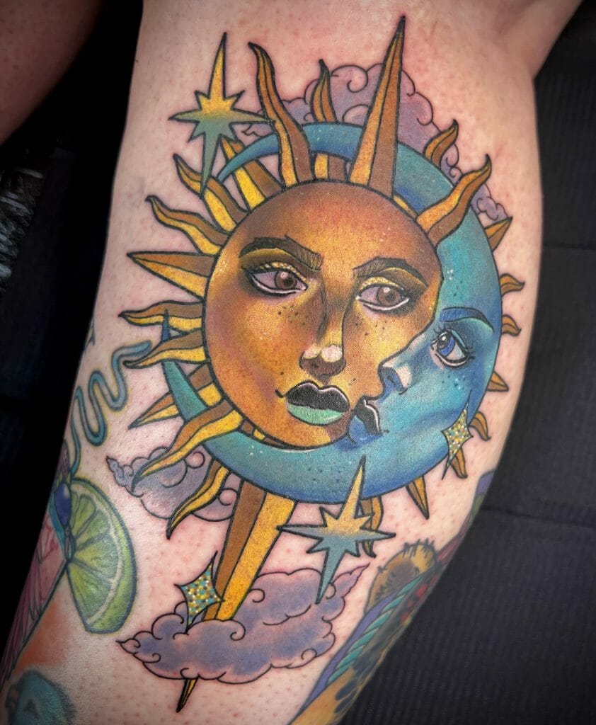 Mexican Sun and Moon tattoo