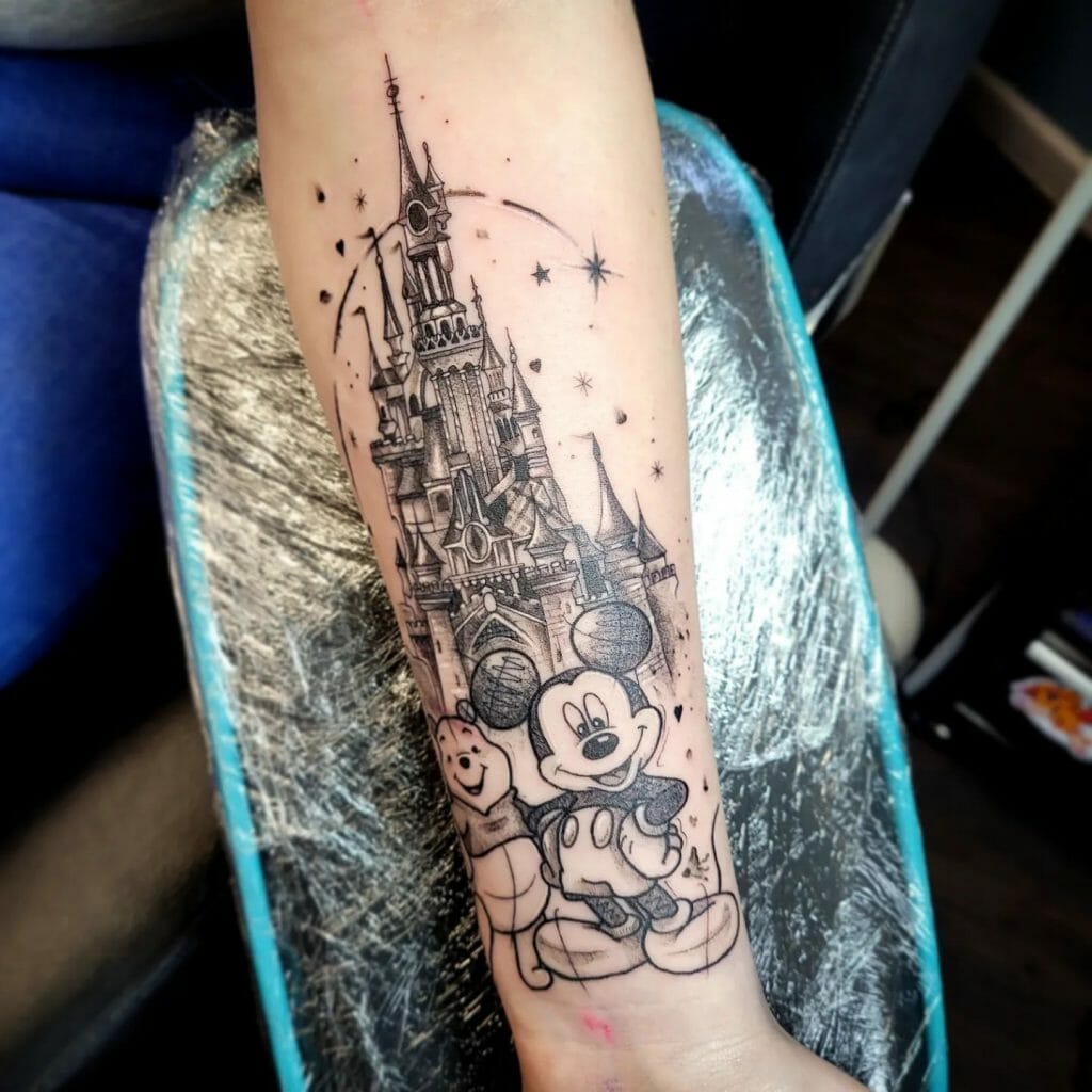 Mickey Mouse In Front Of The Disney Tower Tattoo