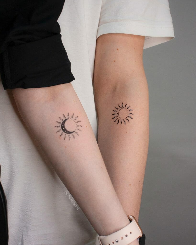 Minimalist Sun and Moon Tattoo In Crescent Shape