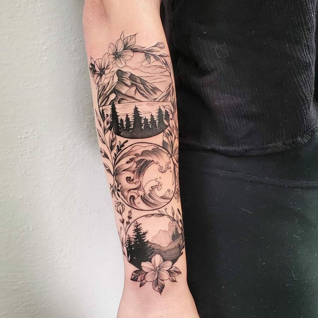 Mountains Inside The Realm Of Flowers Tattoo