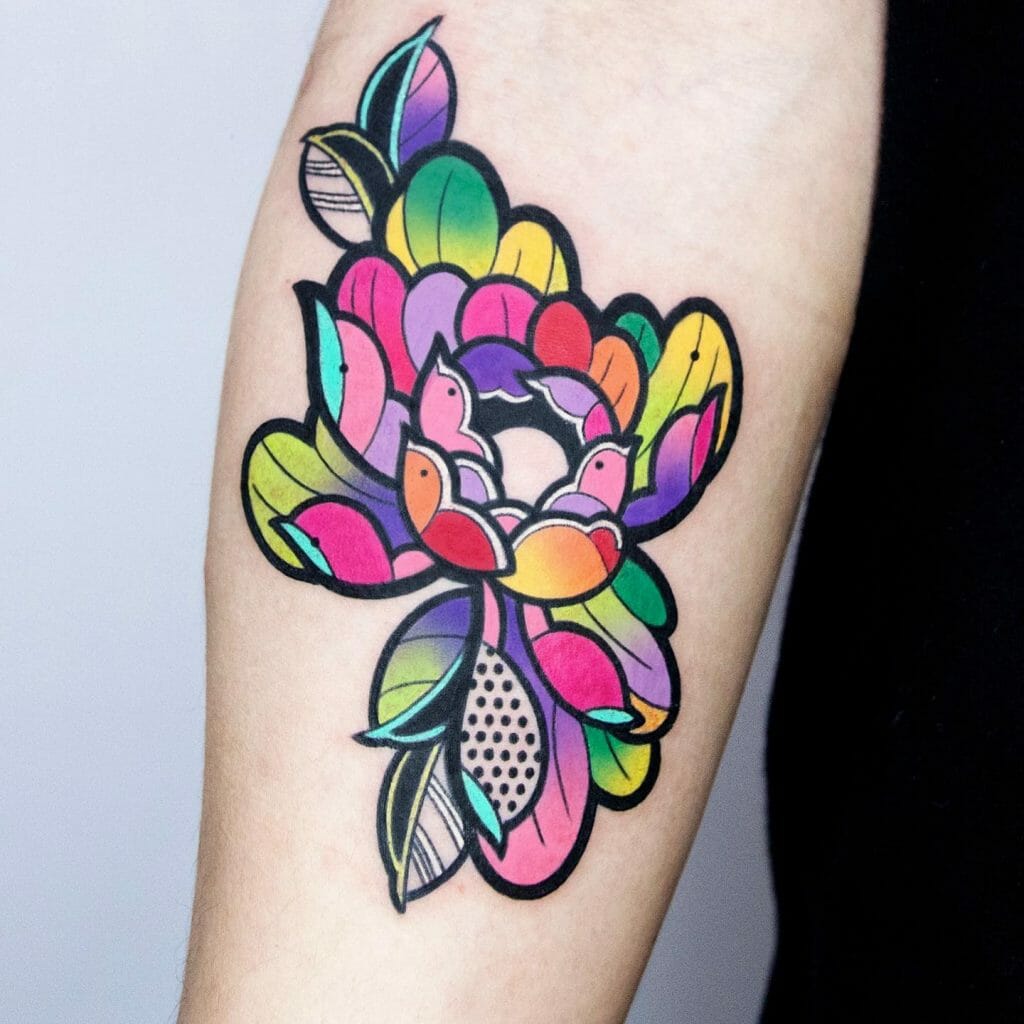 Multicoloured Unique Tattoo With Ruffled Petals