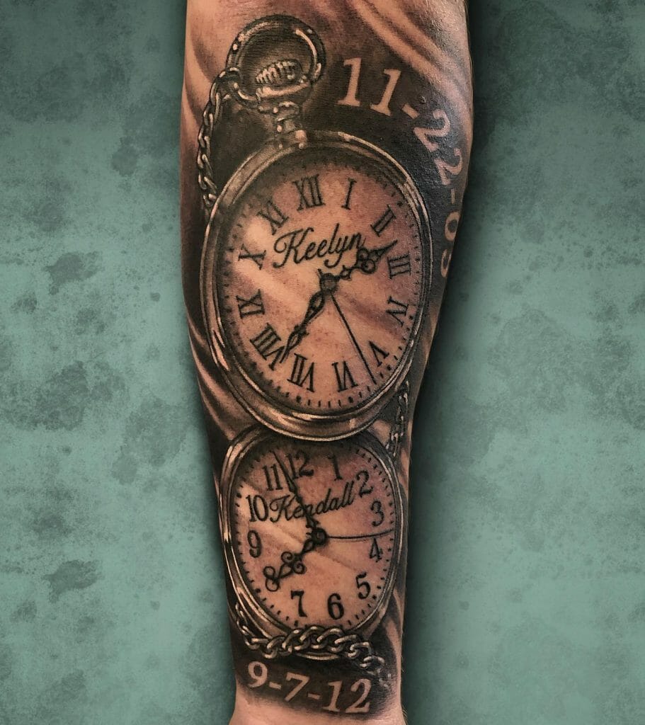 Multiple Clock Tattoos With Name and Date