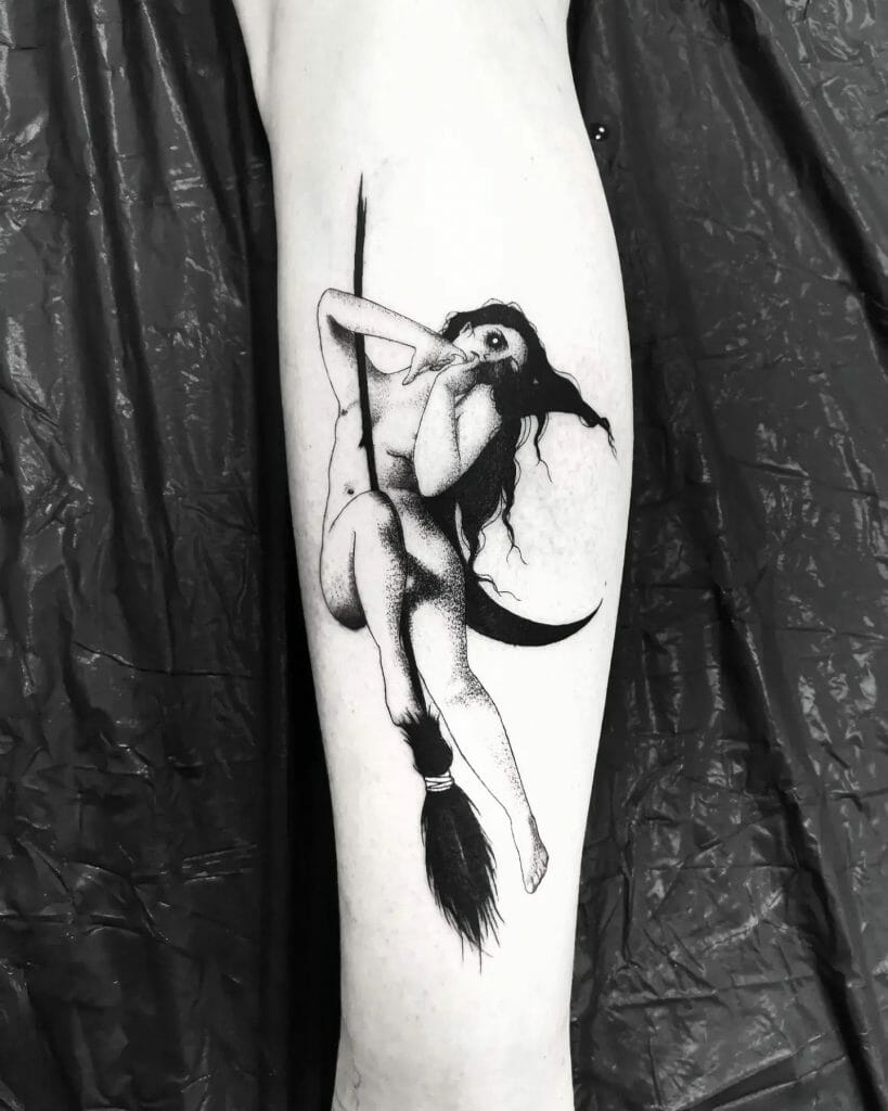 Naked Witch Broom Tattoo