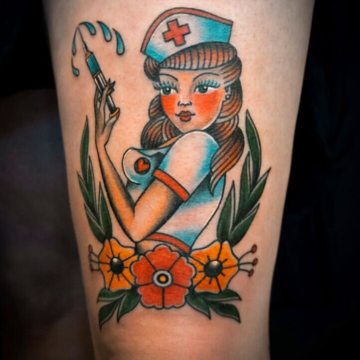 Neo-Traditional Pin-Up Nurse Girl Tattoo
