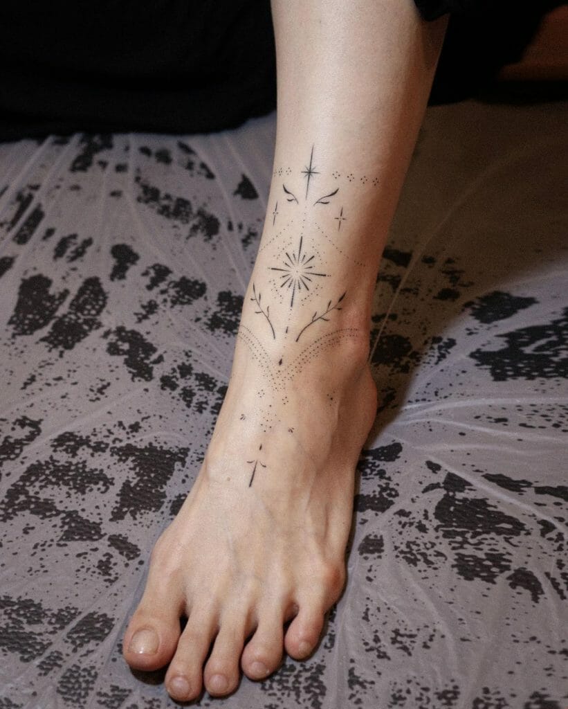 Ornamental Ankle Tattoo in Black and Grey