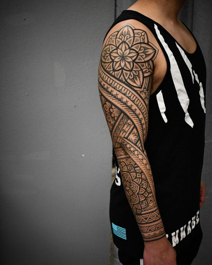 Polynesian Tattoo Arm Sleeves Featuring Mandala Pattern
