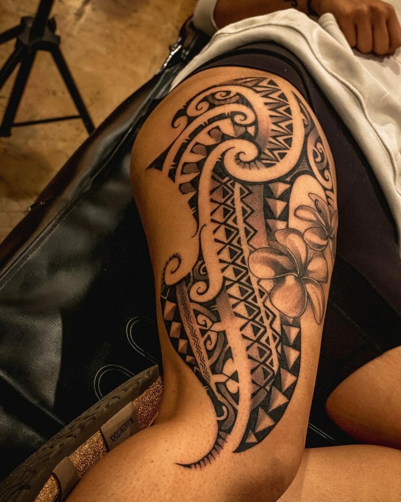 Polynesian Tribal Tattoo Sleeves Drawings With Flower Imagery