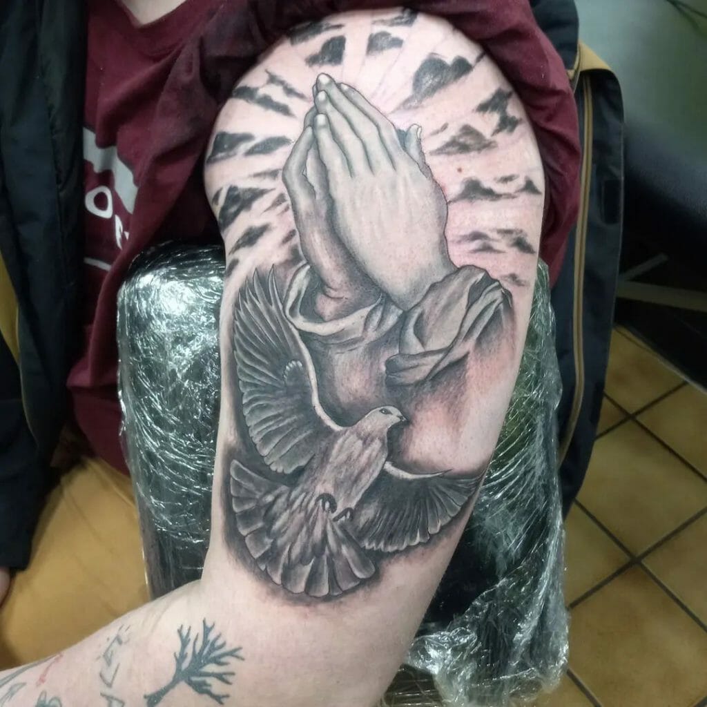 Prayer Hand And Dove Religious Tattoo
