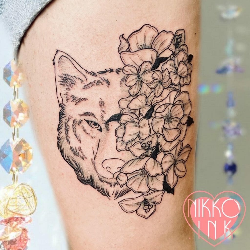 Puppy Wolf And Flower Tattoo