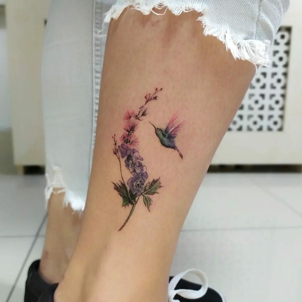 Purple Flower And Bird Tattoo