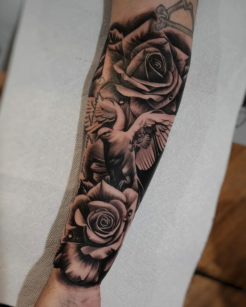 Realistic Dove And Rose Tattoo Designs