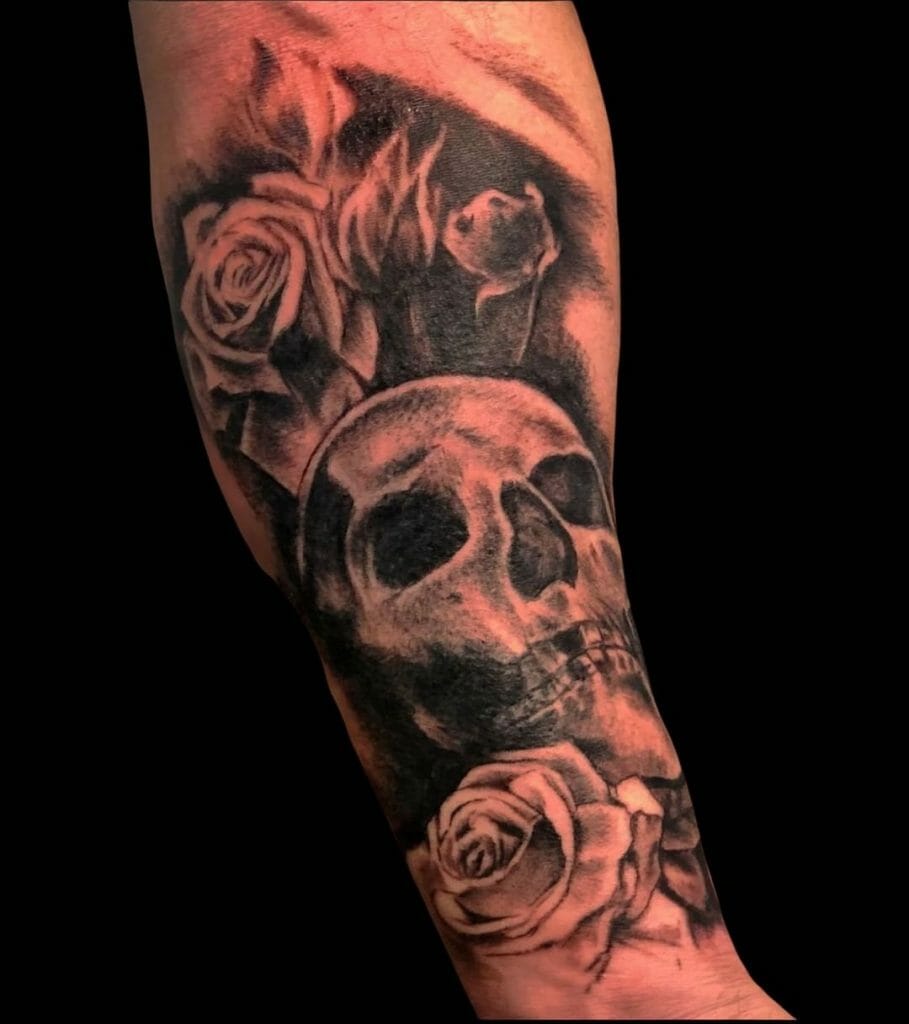 Realistic Half Sleeve Skull And Roses Tattoos