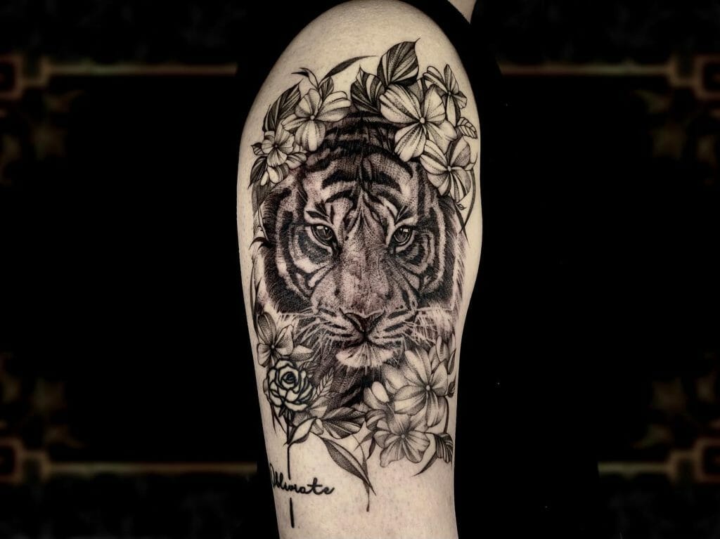 Realistic Tiger And Flower Design Tattoo