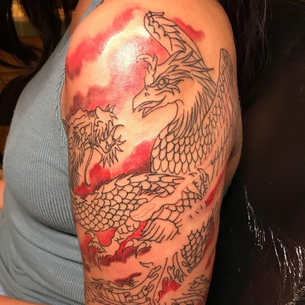Red Background Dragon And Phoenix Tattoo Sleeve