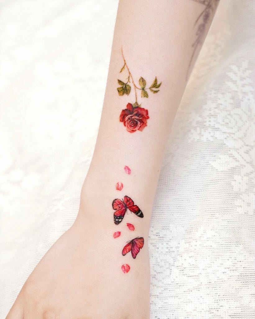 Red Rose Upside Down Tattoo With Butterflies