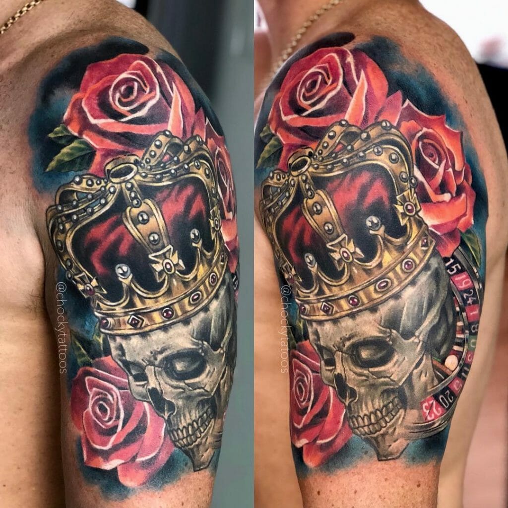 Red Roses And Skull Roulette Tattoo Design