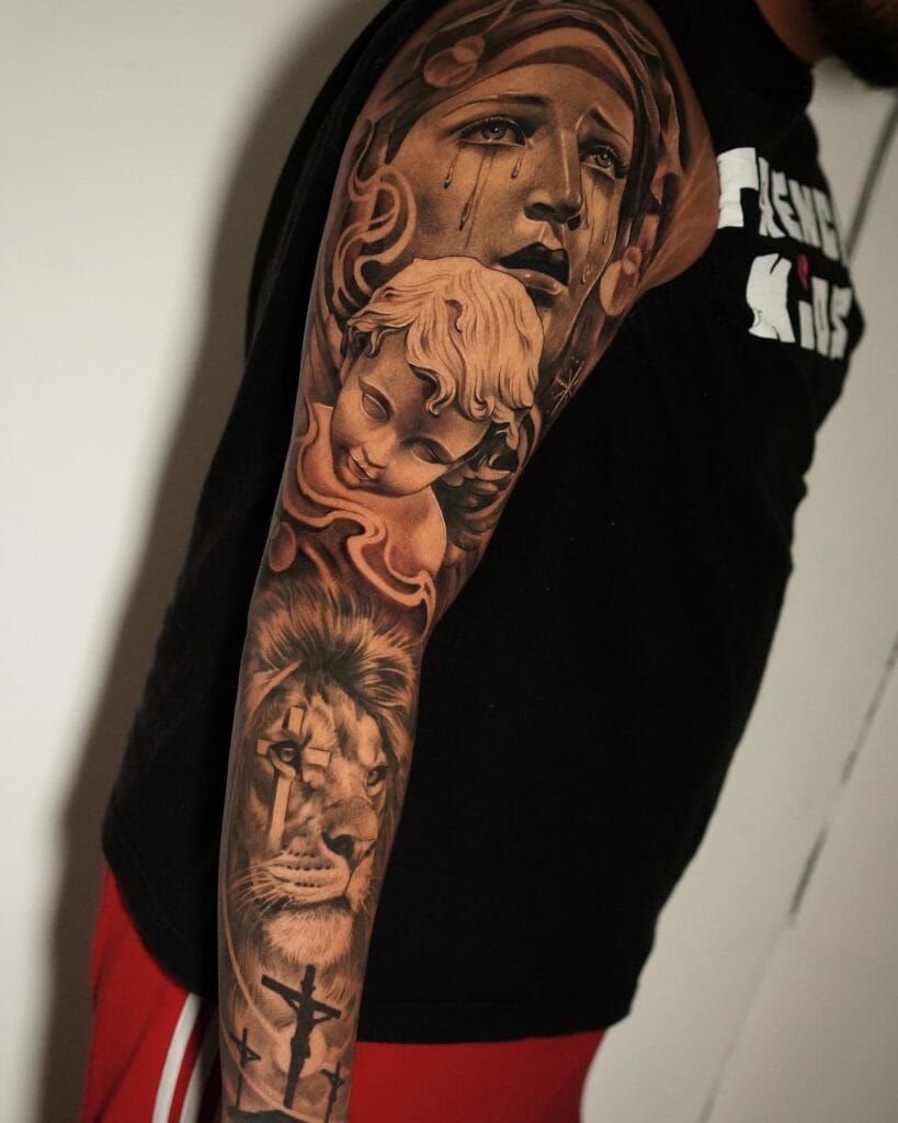 Religious Arm Sleeve Tattoo In Black And Grey