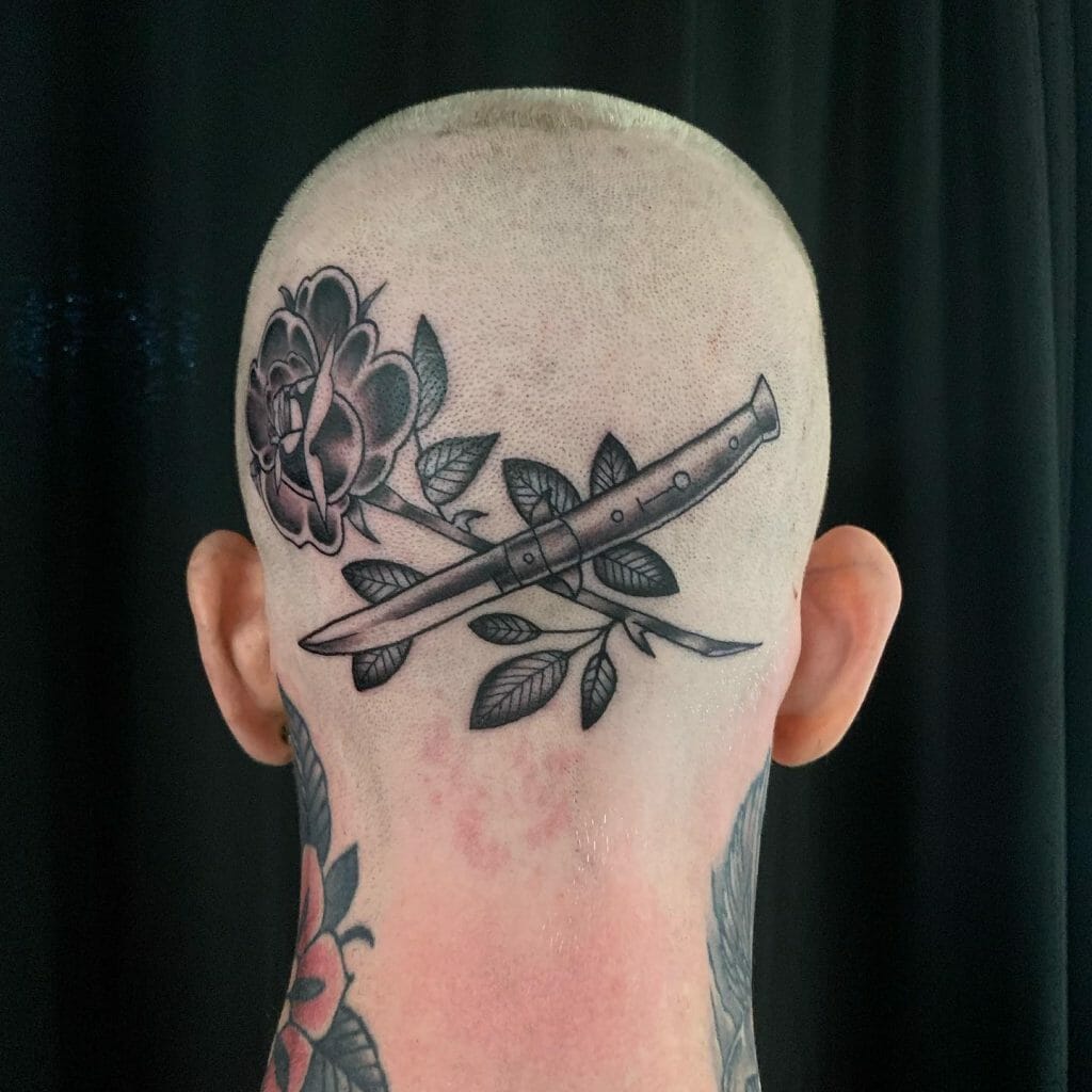 Rose Dagger Tattoo On Head
