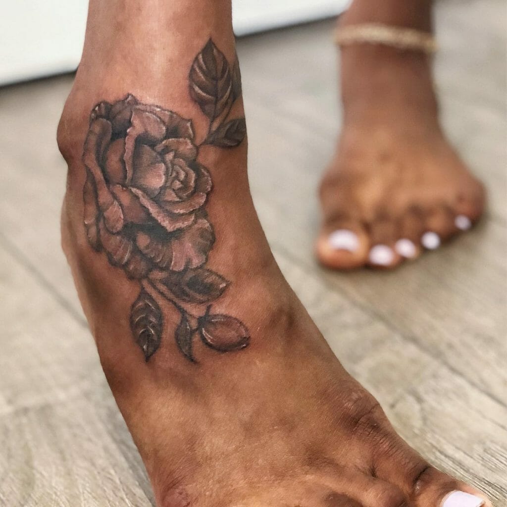 Rose On Foot Tattoo Ideas With Lovely Shading