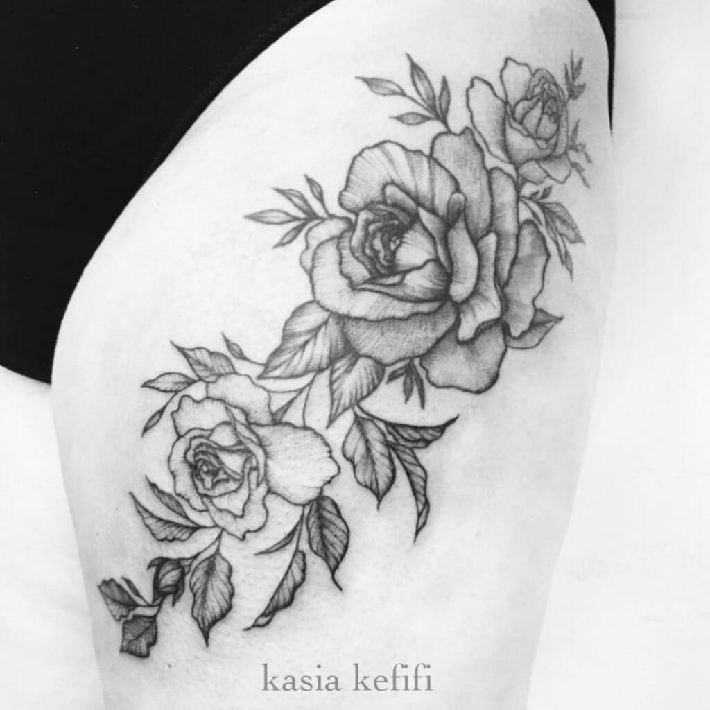 Sexy Rose Tattoo On The Side Of Thigh