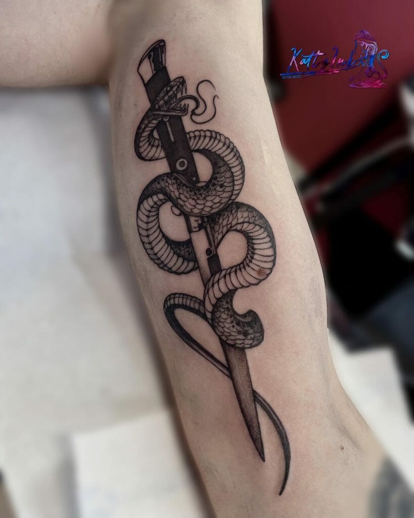 Simple Snake And Knife Tattoo