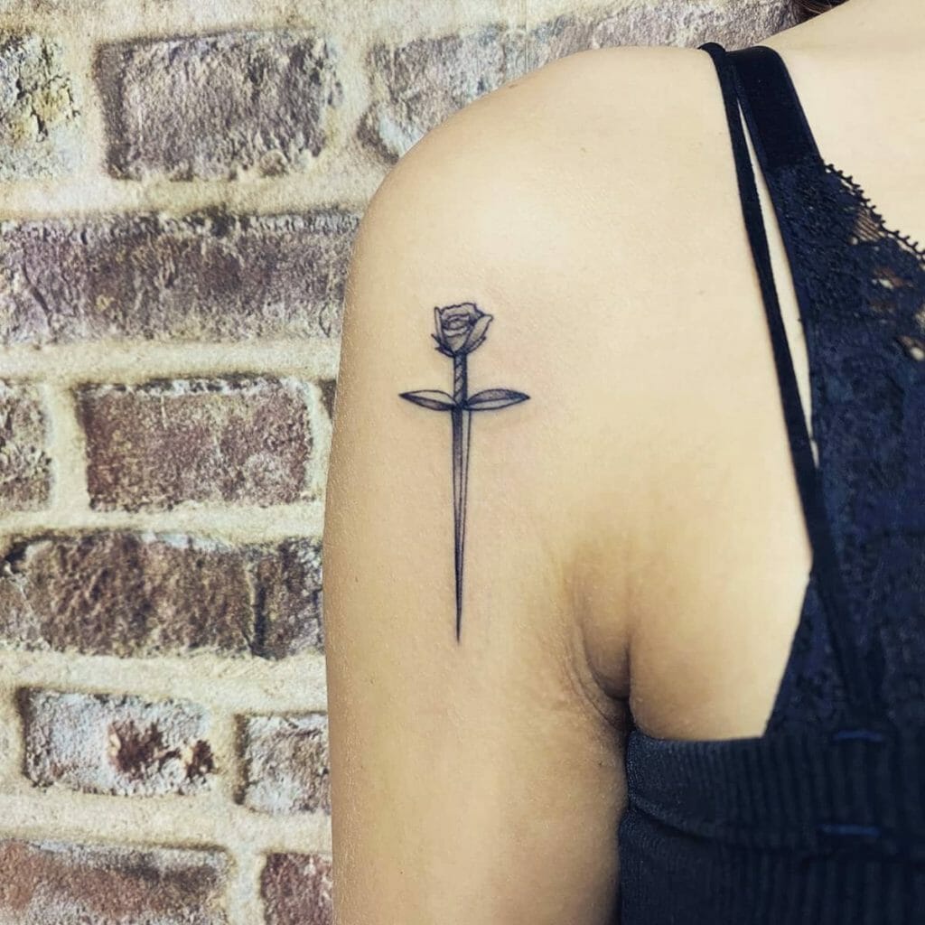 Simple Sword And Rose Tattoos