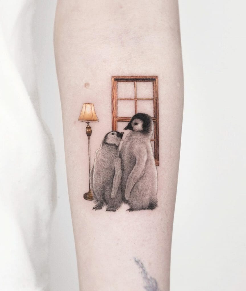 Simple Tattoo of Love Locked Penguins