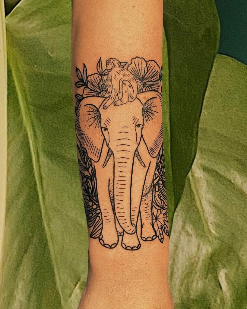 Single Elephant Tattoo With A Monkey
