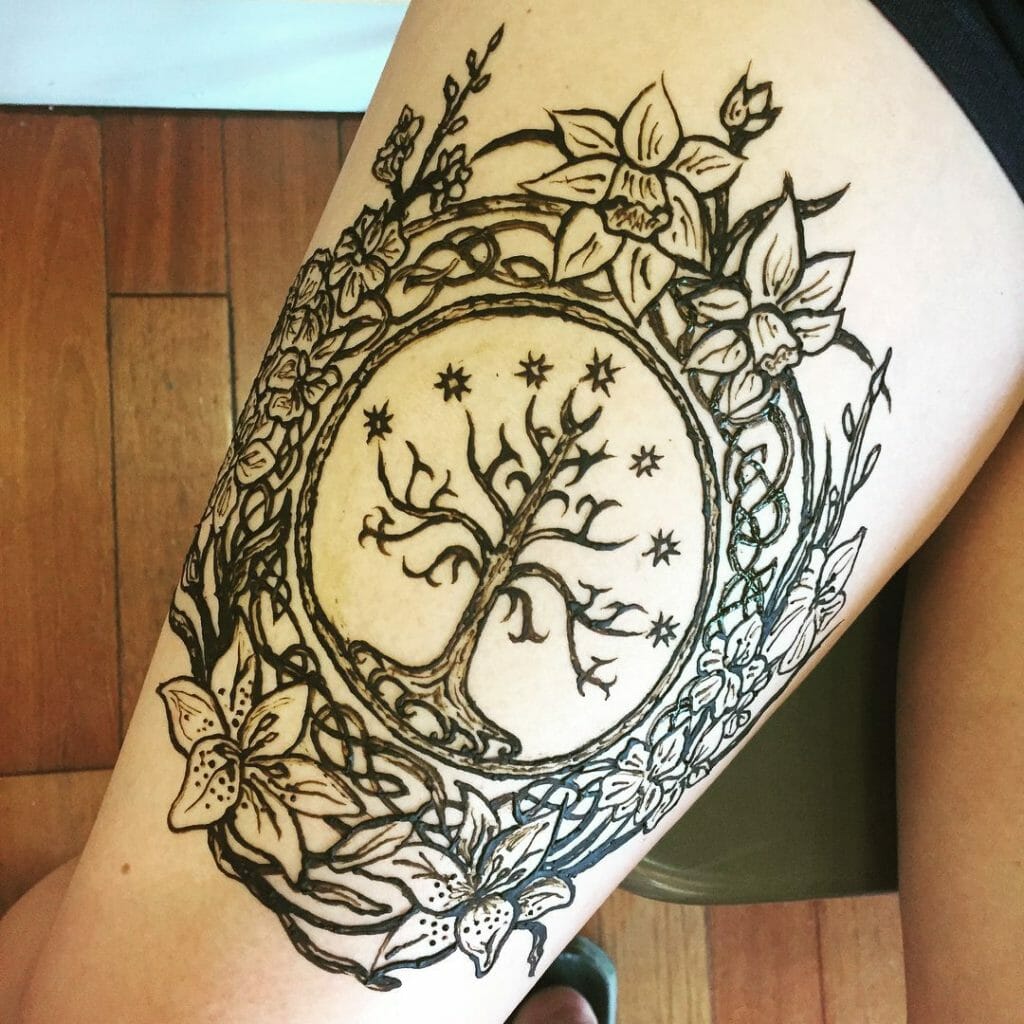 Small Henna Thigh Tattoo Design Flaunting Natural World
