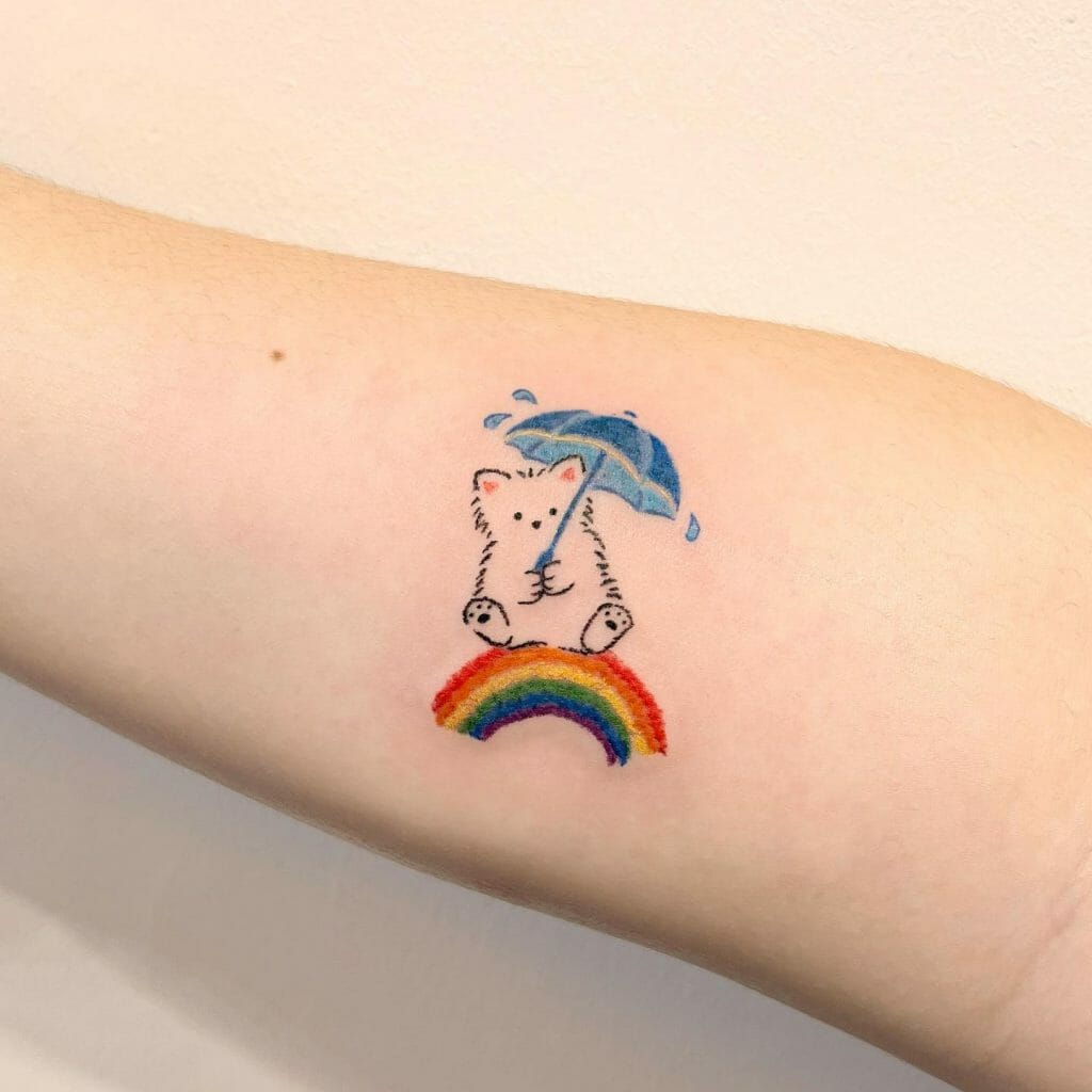 Small Rainbow Tattoo With Bear With An Umbrella Motif