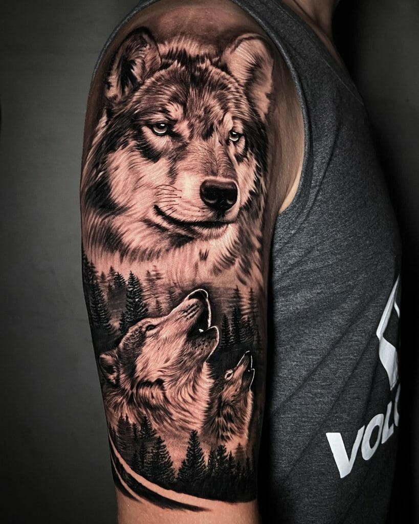 Smiling Blue Eyed Wolf On a Rose Tattoo
