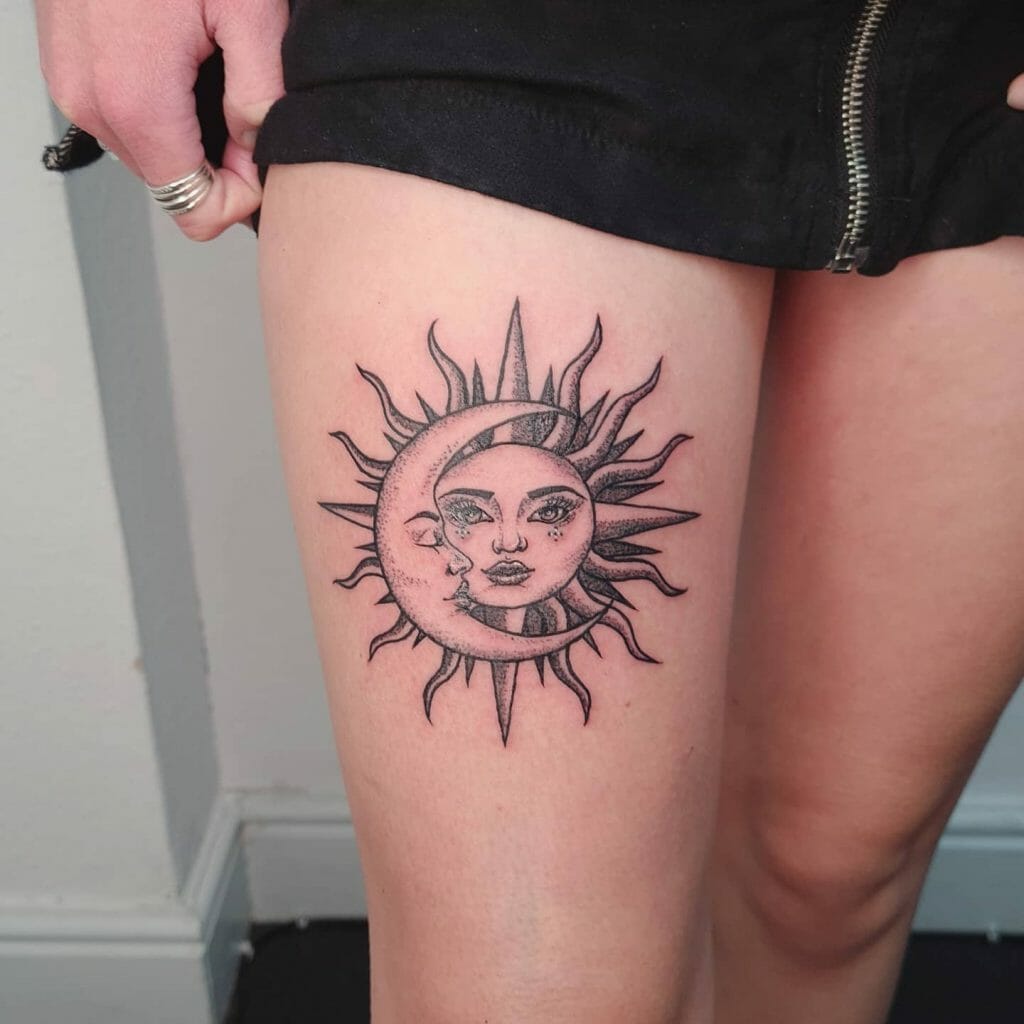 Sun And Crescent Moon Thigh Tattoo
