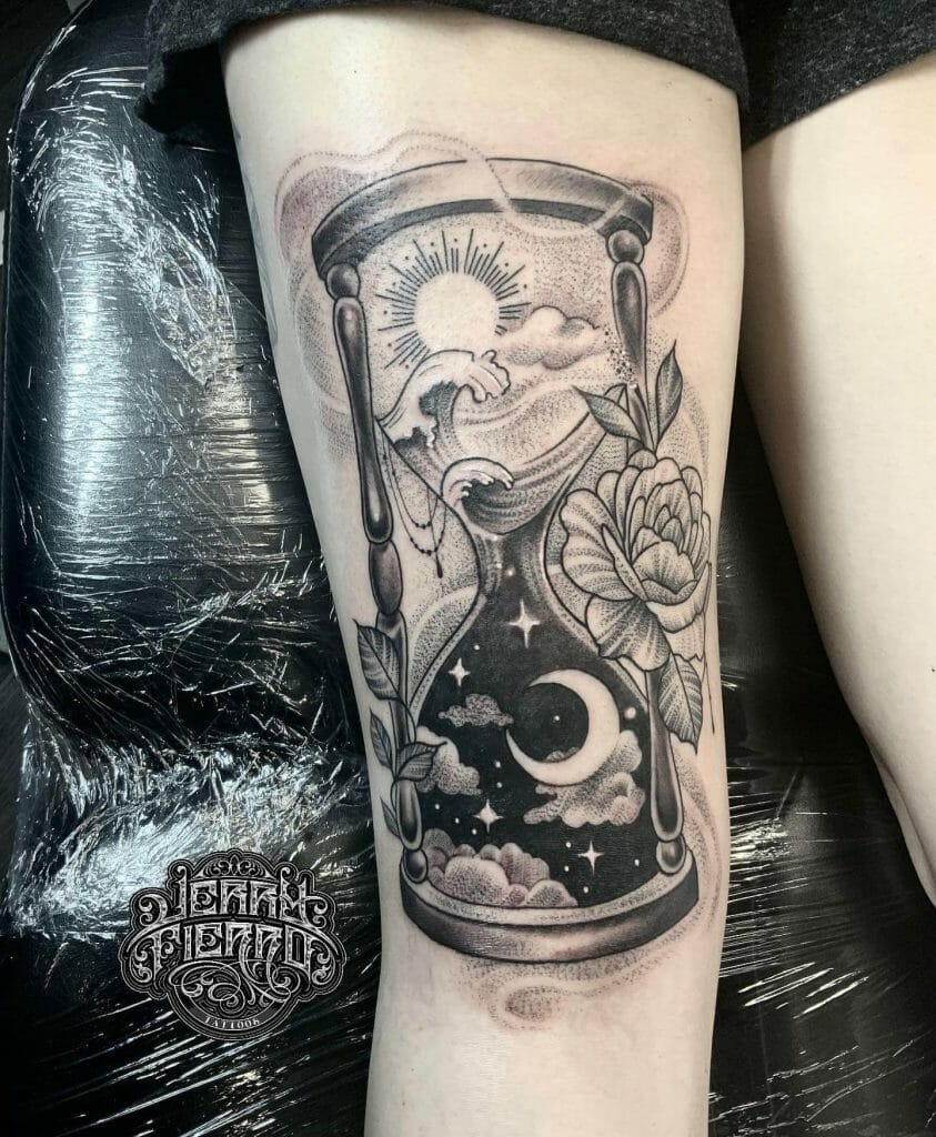 Sun And Moon Tattoo Inside An Hourglass