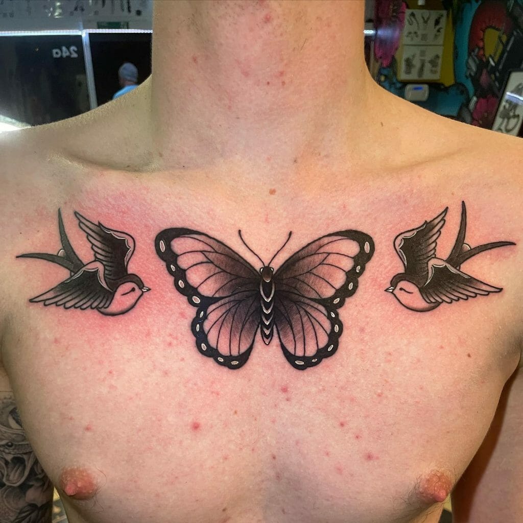 Swallow Tattoo With A Black Butterfly