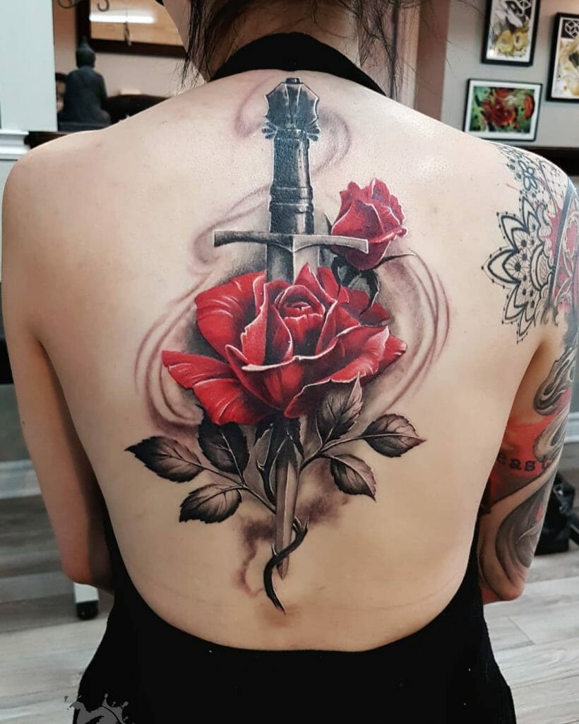 Sword And Rose Back Tattoos