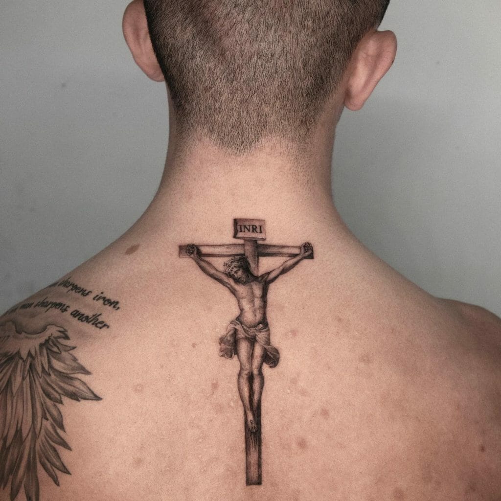 Thin Cross Tattoo With Crucified Jesus