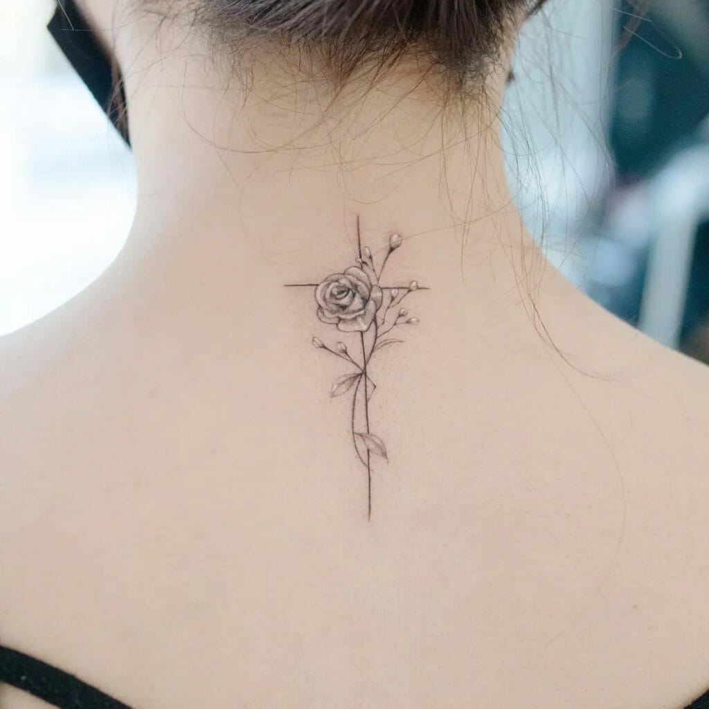 Thin Rose Cross Tattoo