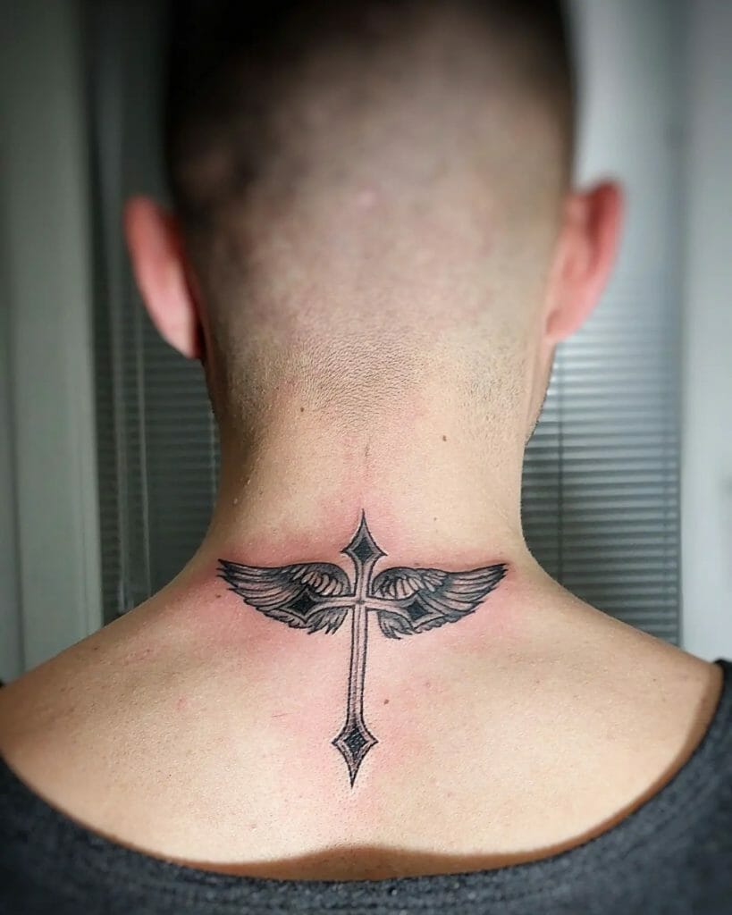 Tiny Angel Wings and Cross Tattoo