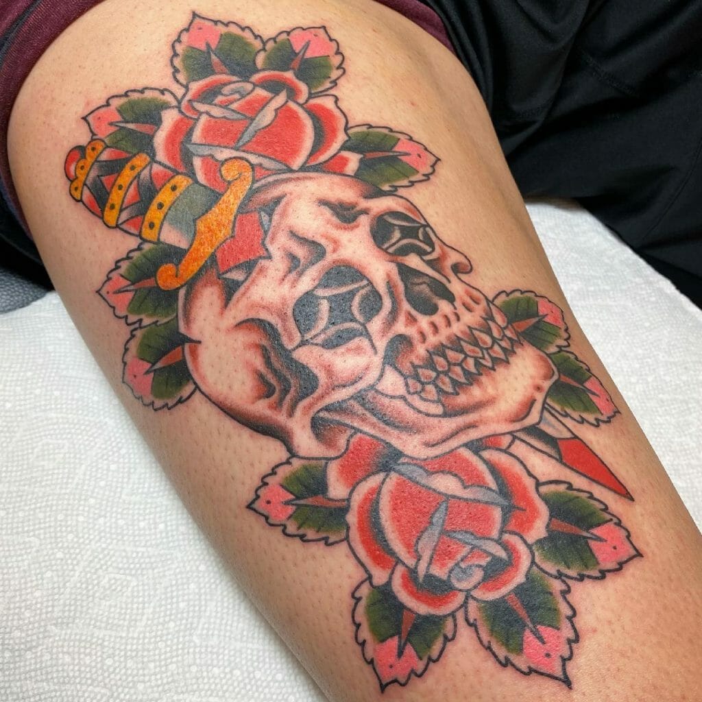 Traditional Dagger, Skull and Roses Tattoo