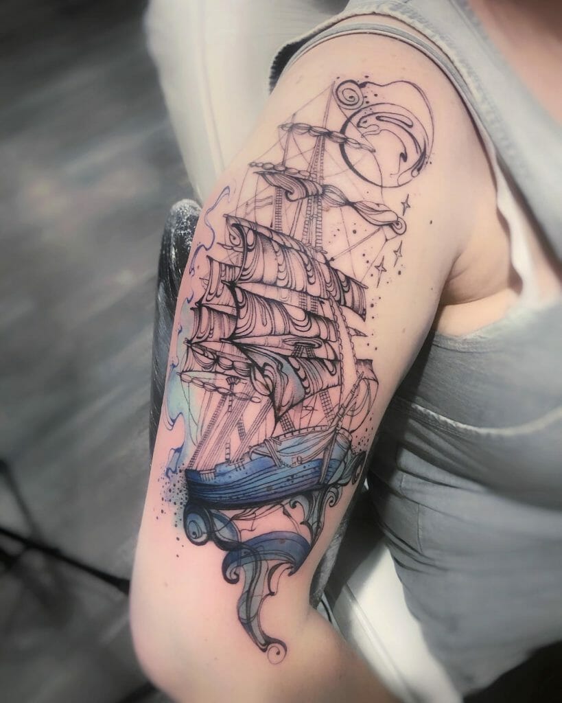 Traditional Girl Pirate Ship Tattoo